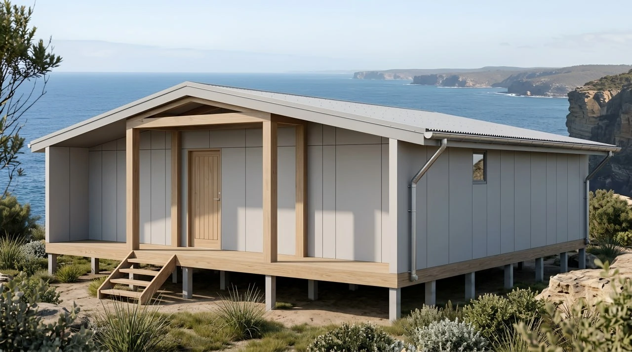 MEDIUM HOUSE 100 — exterior render of the covered entry and right elevation