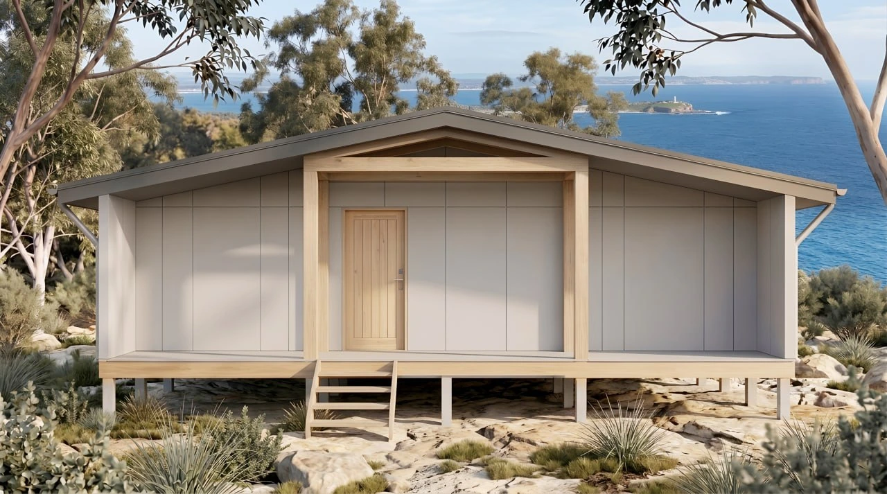 MEDIUM HOUSE 100 — exterior render of the entry porch and steps