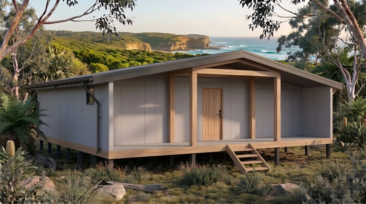 SMALL HOUSE 90 — exterior render of the entry and left elevation