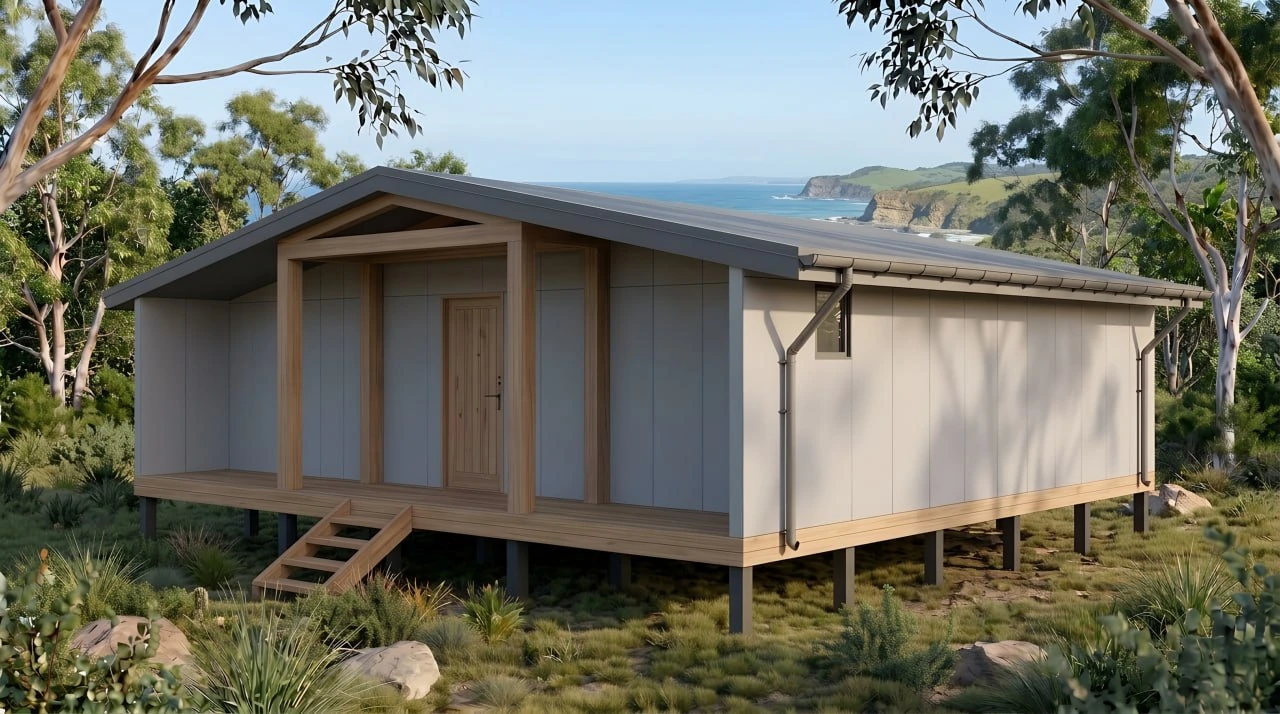 SMALL HOUSE 90 — exterior render of the covered entry and right elevation